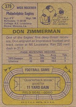 1974 Topps #379 Don Zimmerman Back
