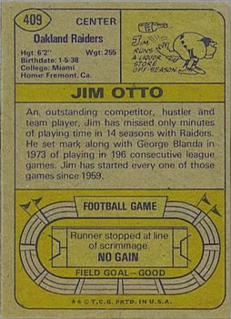 1974 Topps #409 Jim Otto Back