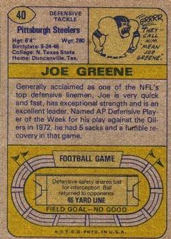 1974 Topps #40 Joe Greene Back