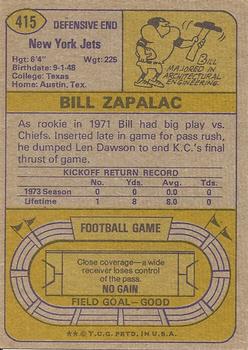 1974 Topps #415 Bill Zapalac Back