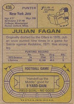 1974 Topps #436 Julian Fagan Back