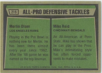 1975 Topps #215 1974 All-Pro Defensive Tackles (Merlin Olsen / Mike Reid) Back