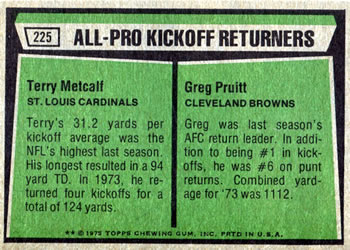1975 Topps #225 1974 All-Pro Kickoff Returners (Terry Metcalf / Greg Pruitt) Back