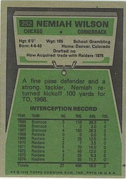 1975 Topps #252 Nemiah Wilson Back