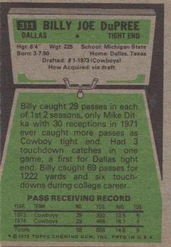 1975 Topps #311 Billy Joe Dupree Back