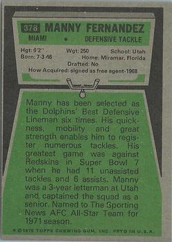 1975 Topps #378 Manny Fernandez Back