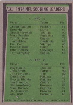 1975 Topps #4 1974 NFL Scoring Leaders (Chester Marcol / Roy Gerela) Back