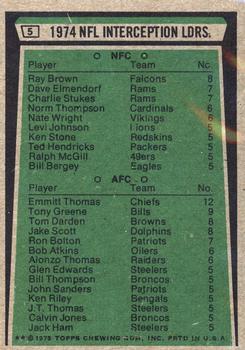 1975 Topps #5 1974 NFL Interception Leaders (Ray Brown / Emmitt Thomas) Back