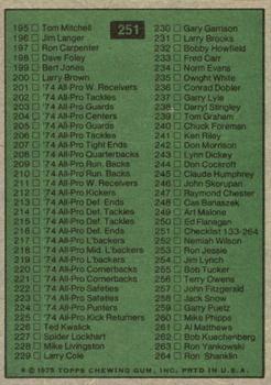 1975 Topps #251 Checklist: 133-264 Back