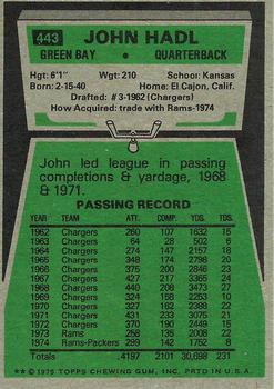 1975 Topps #443 John Hadl Back