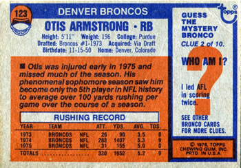 1976 Topps #123 Otis Armstrong Back