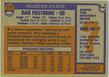 1976 Topps #175 Dan Pastorini Back