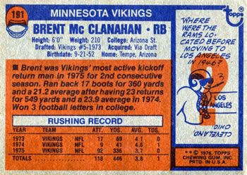 1976 Topps #191 Brent McClanahan Back