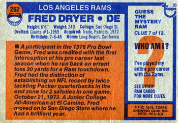 1976 Topps #252 Fred Dryer Back