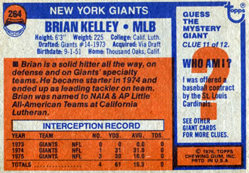 1976 Topps #264 Brian Kelley Back