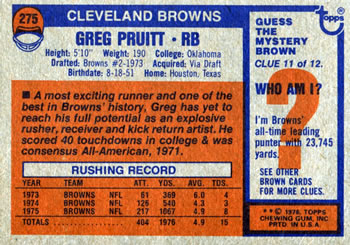 1976 Topps #275 Greg Pruitt Back