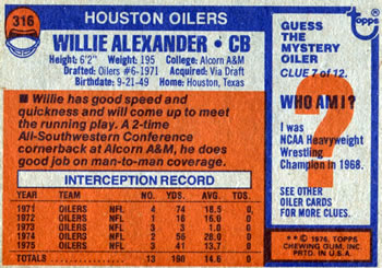 1976 Topps #316 Willie Alexander Back
