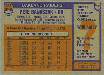 1976 Topps #323 Pete Banaszak Back