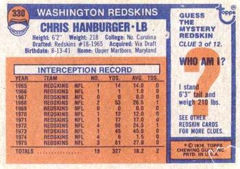 1976 Topps #330 Chris Hanburger Back