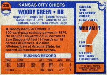 1976 Topps #336 Woody Green Back
