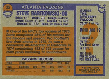 1976 Topps #35 Steve Bartkowski Back