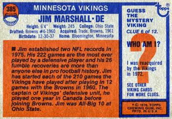 1976 Topps #385 Jim Marshall Back