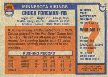 1976 Topps #400 Chuck Foreman Back