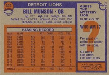 1976 Topps #404 Bill Munson Back