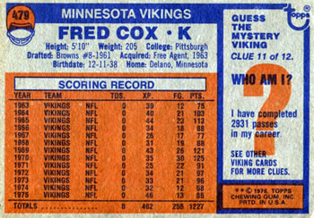 1976 Topps #479 Fred Cox Back