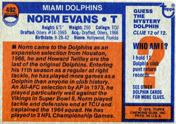 1976 Topps #492 Norm Evans Back