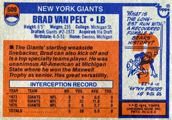1976 Topps #509 Brad Van Pelt Back