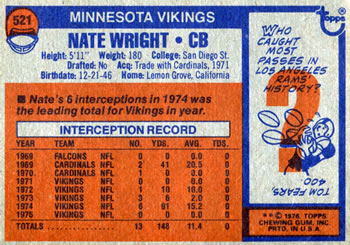 1976 Topps #521 Nate Wright Back