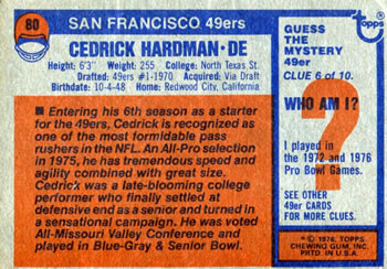 1976 Topps #80 Cedrick Hardman Back