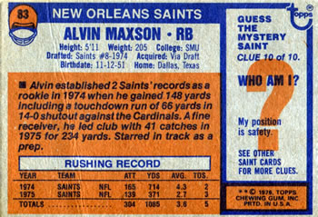 1976 Topps #83 Alvin Maxson Back