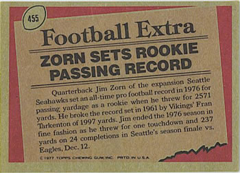 1977 Topps #455 Jim Zorn Back