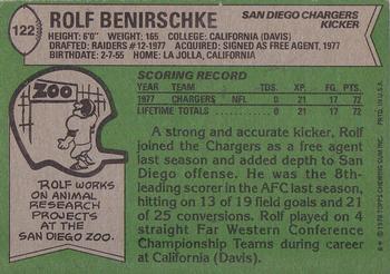 1978 Topps #122 Rolf Benirschke Back