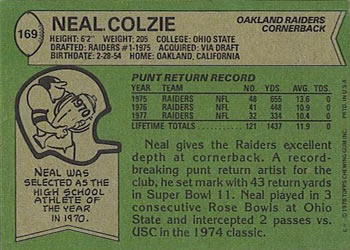 1978 Topps #169 Neal Colzie Back
