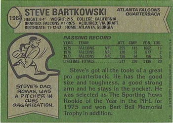 1978 Topps #196 Steve Bartkowski Back