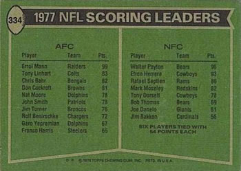 1978 Topps #334 1977 Scoring Leaders (Errol Mann / Walter Payton) Back