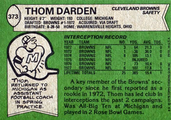 1978 Topps #373 Thom Darden Back