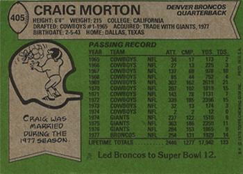 1978 Topps #405 Craig Morton Back