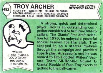 1978 Topps #492 Troy Archer Back