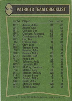 1978 Topps #516 Sam Cunningham / Darryl Stingley / Mike Haynes / Tony McGee Back