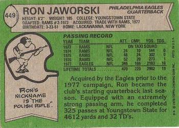 1978 Topps #449 Ron Jaworski Back