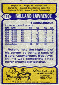 1979 Topps #153 Rolland Lawrence Back