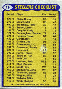 1979 Topps #19 Steelers Team Leaders / Checklist (Franco Harris / Larry Anderson / Tony Dungy / L.C. Greenwood) Back