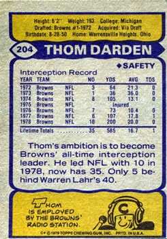 1979 Topps #204 Thom Darden Back