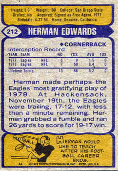 1979 Topps #212 Herman Edwards Back