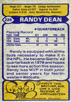 1979 Topps #228 Randy Dean Back