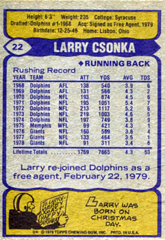 1979 Topps #22 Larry Csonka Back